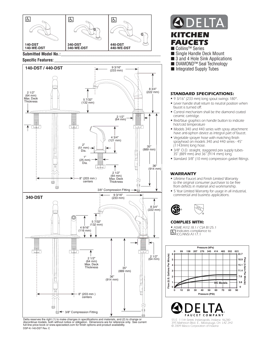 Delta 340-DST, 340-WE-DST, 440-WE-DST, 440-DST warranty Kitchen Faucets, Standard SPECIFICATIONS­, Warranty, Complies with 