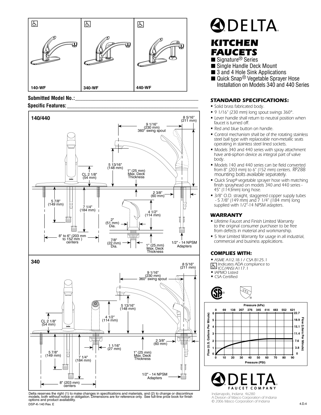 Delta 440-WF, 340-WF, 140-WF warranty Kitchen Faucets, Standard Specifications, Warranty, Complies with 