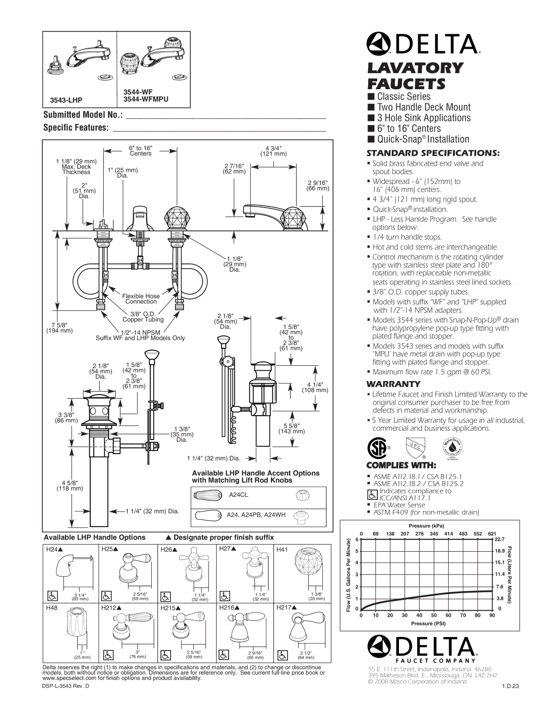 Delta 3543-LHP, 3544-WFMPU warranty Lavatory Faucets, Standard Specifications, Warranty, Complies with 