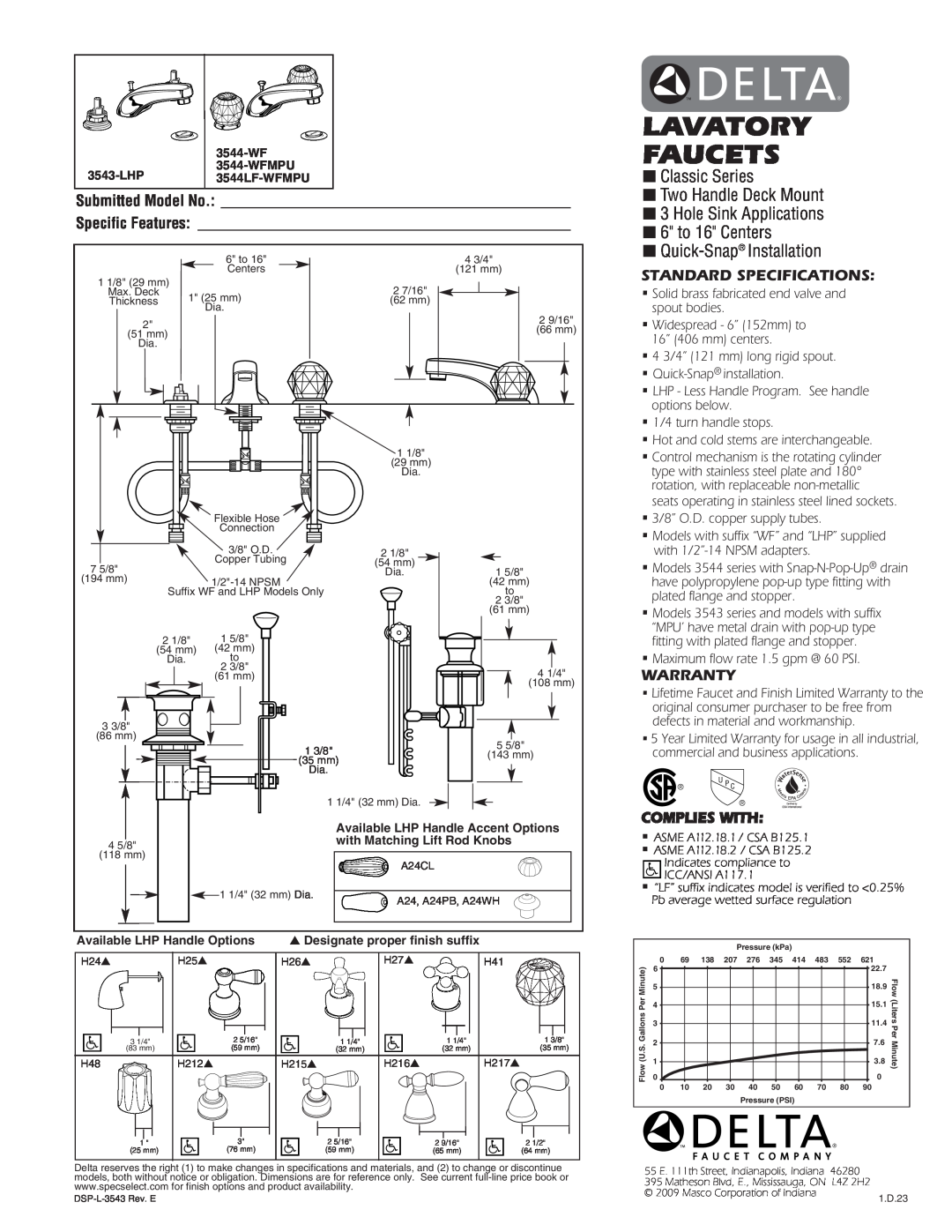Delta 3544LF-WFMPU warranty Lavatory Faucets, Classic Series Two Handle Deck Mount 3 Hole Sink Applications, Warranty 
