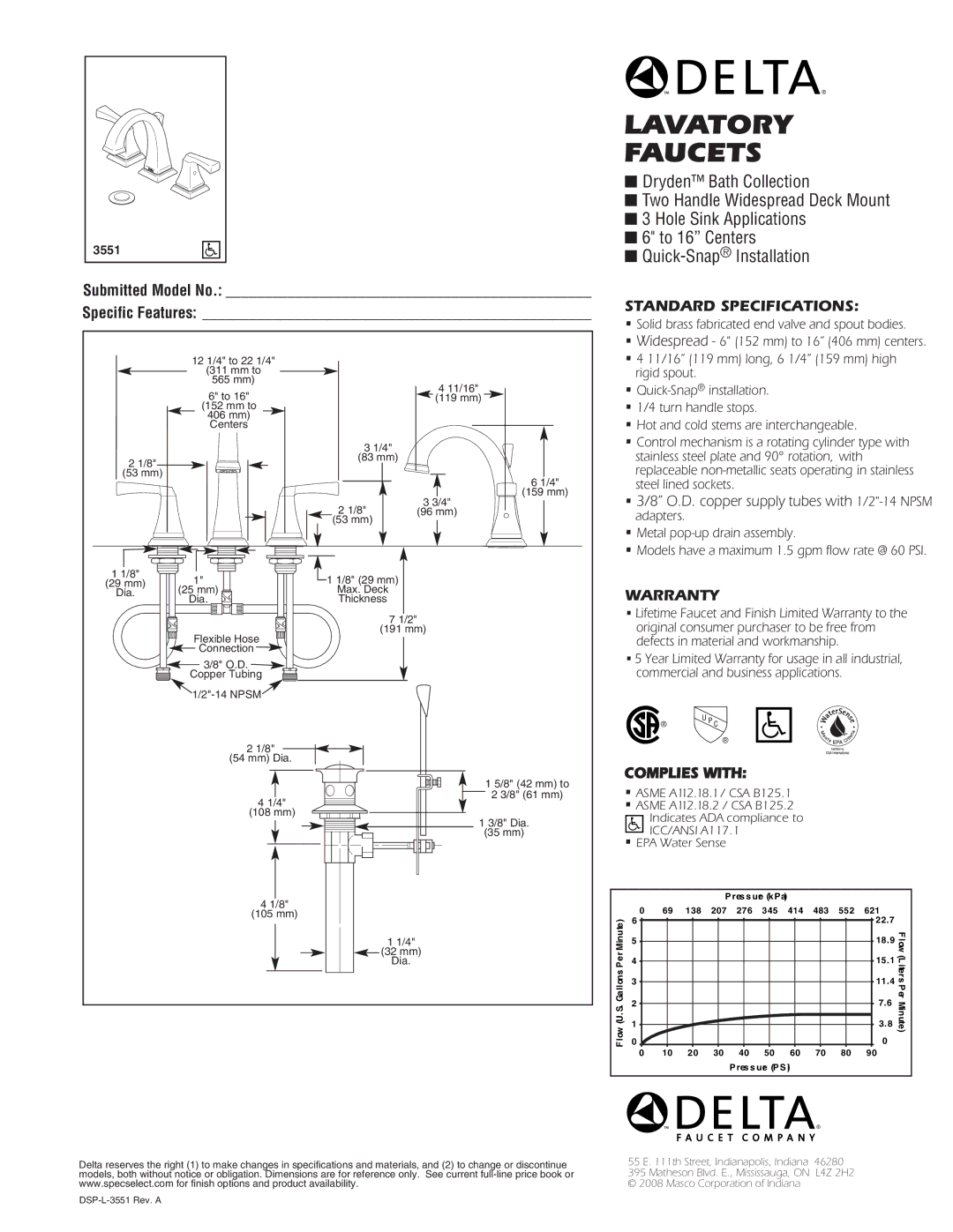 Delta 3551 warranty Standard Specifications, Warranty, Complies with 