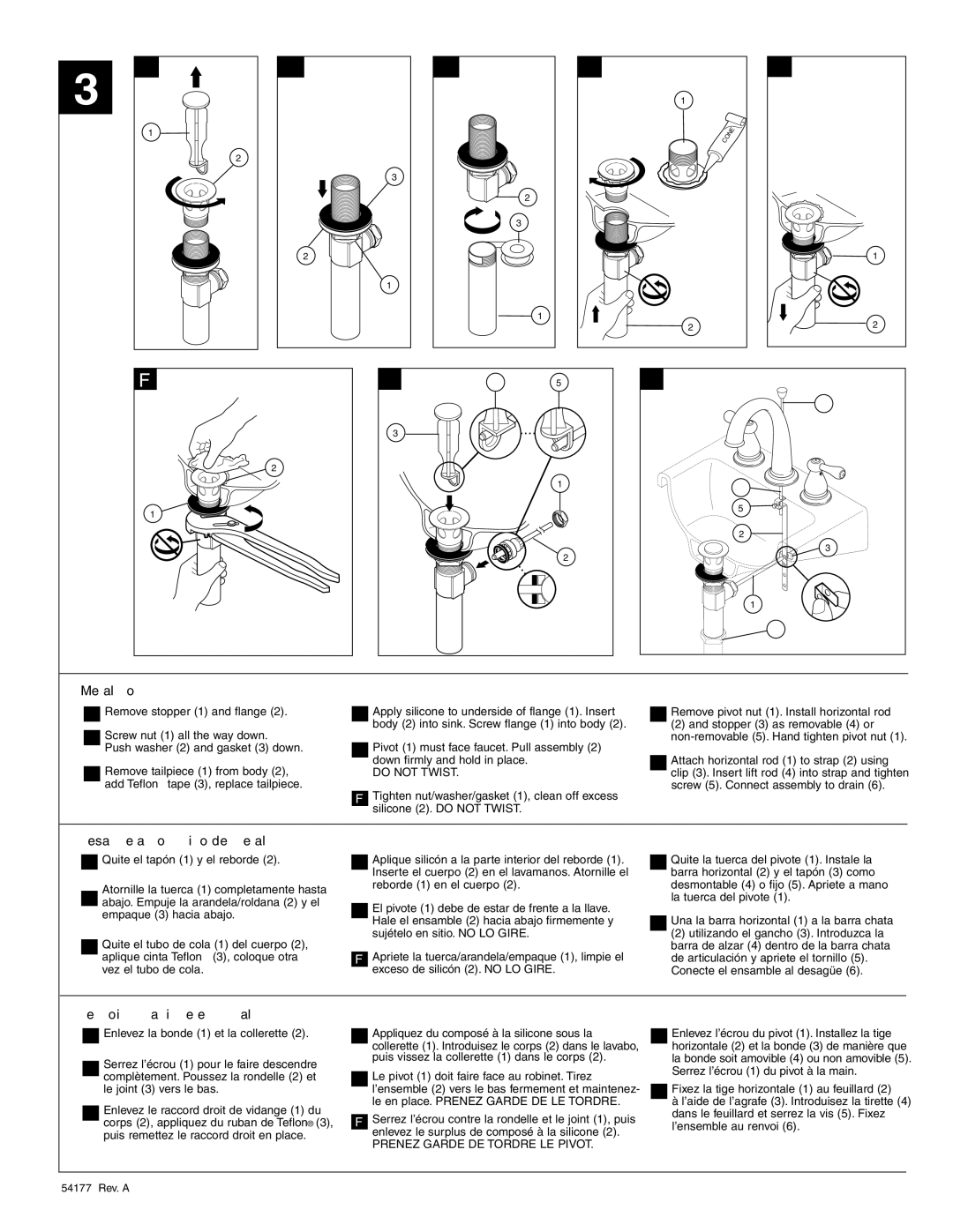 Delta 3575 Series manual Metal Pop-up, Desagüe automático de metal, Renvoi mécanique en métal 