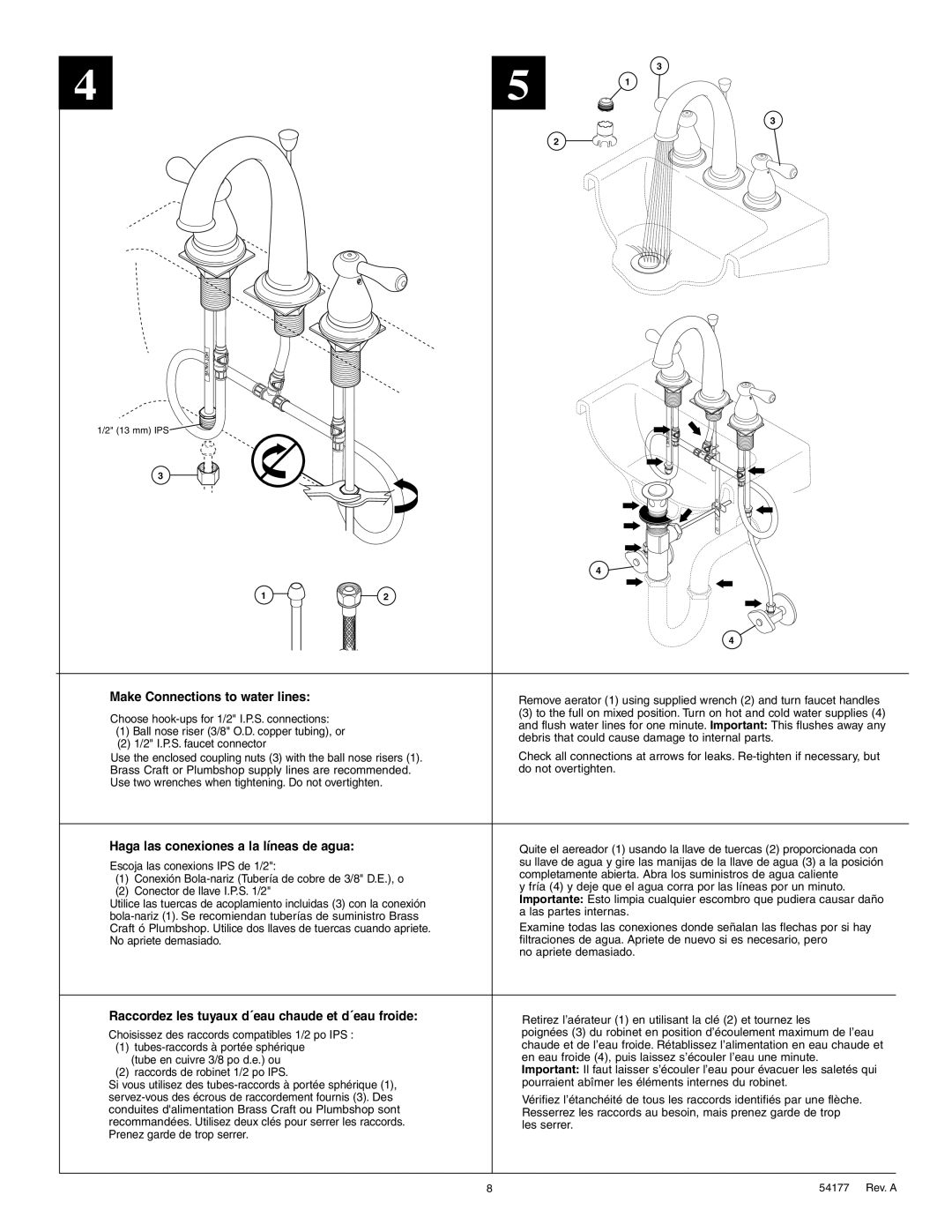 Delta 3575 Series manual Make Connections to water lines, Haga las conexiones a la líneas de agua 