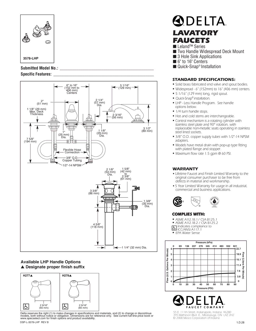 Delta 3578-LHP warranty Lavatory Faucets, Standard Specifications, Warranty, Complies with 