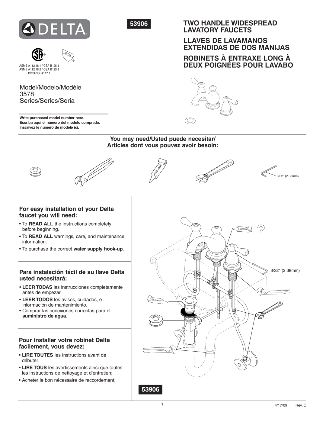 Delta 3578 Series manual TWO Handle Widespread 