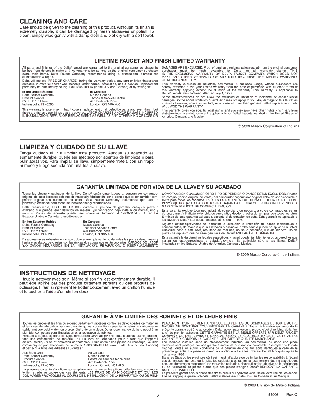 Delta 3578 Series manual Cleaning and Care 