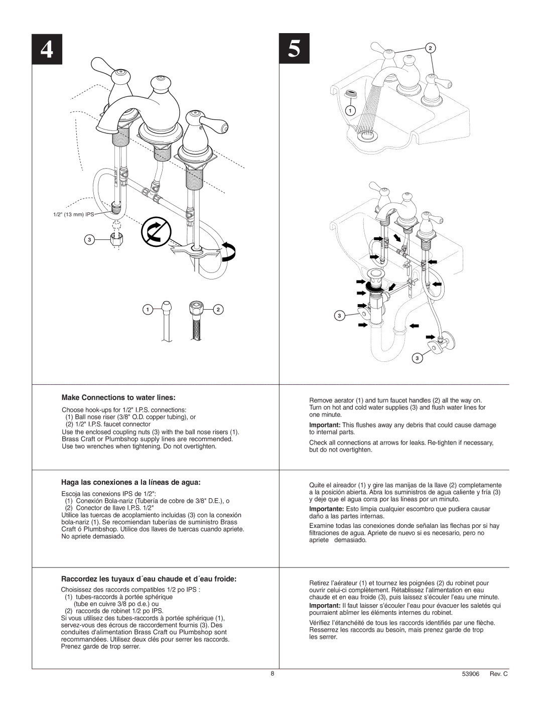 Delta 3578 Series manual Make Connections to water lines, Haga las conexiones a la líneas de agua 