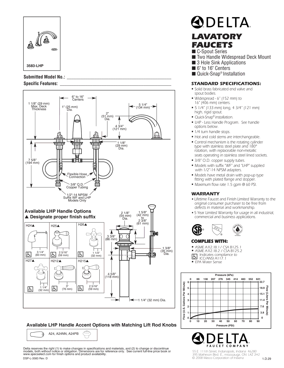 Delta 3583-LHP warranty Lavatory Faucets, Available LHP Handle Options Designate proper finish suffix, Warranty 