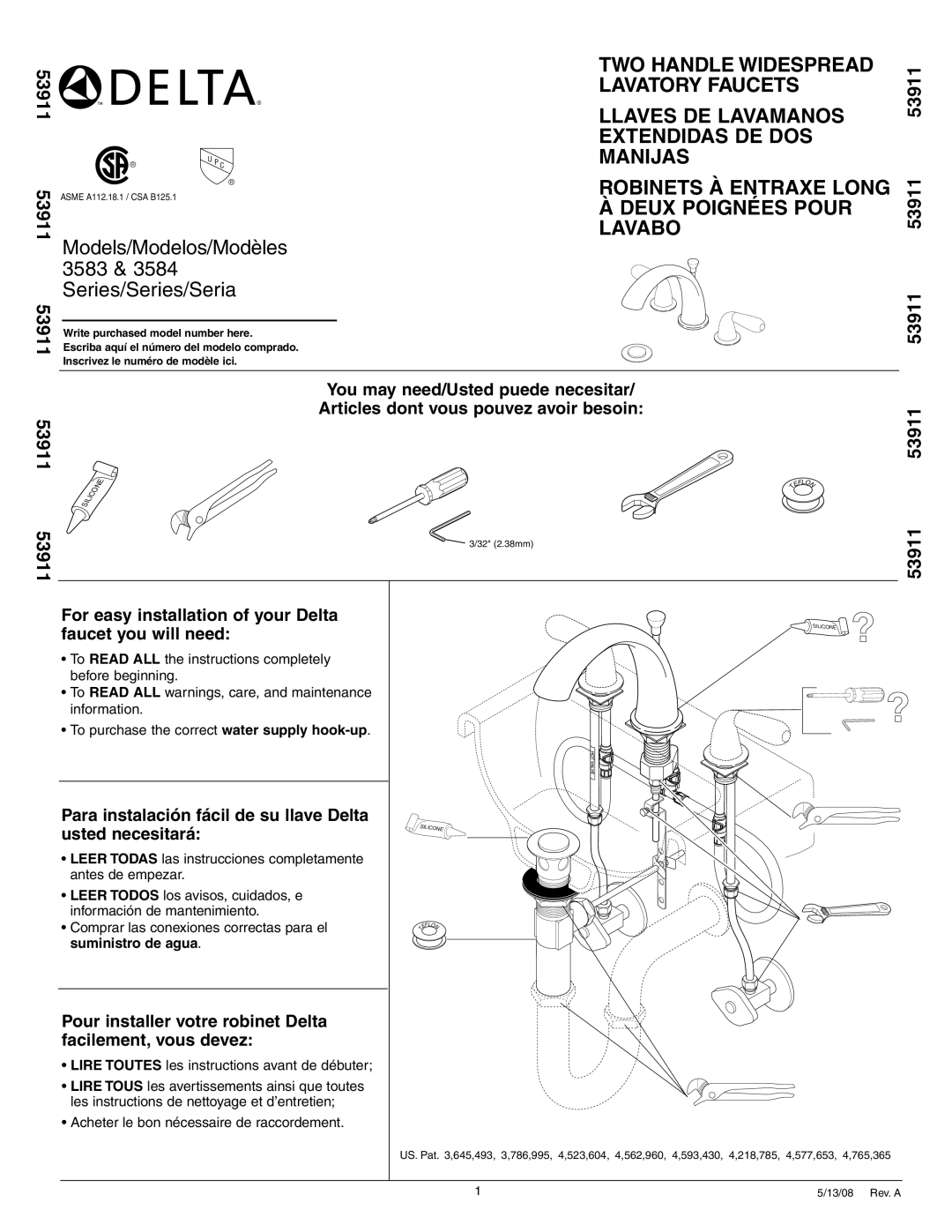 Delta 3584 Series manual 53911, Lire Toutes les instructions avant de débuter, Acheter le bon nécessaire de raccordement 