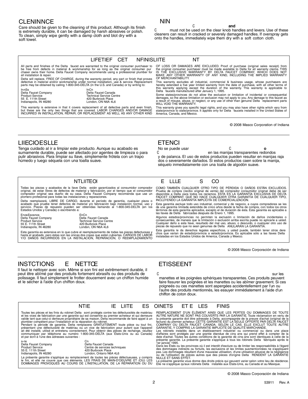 Delta 3584 Series manual Instructions de nettoyage, United States Canada, En los Estados Unidos En Canada 