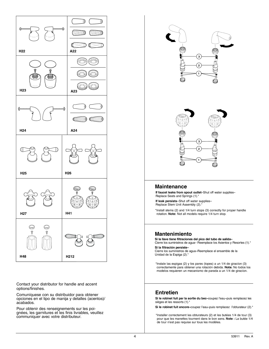 Delta 3584 Series manual Maintenance, Mantenimiento, Entretien, Si la llave tiene filtraciones del pico del tubo de salida 