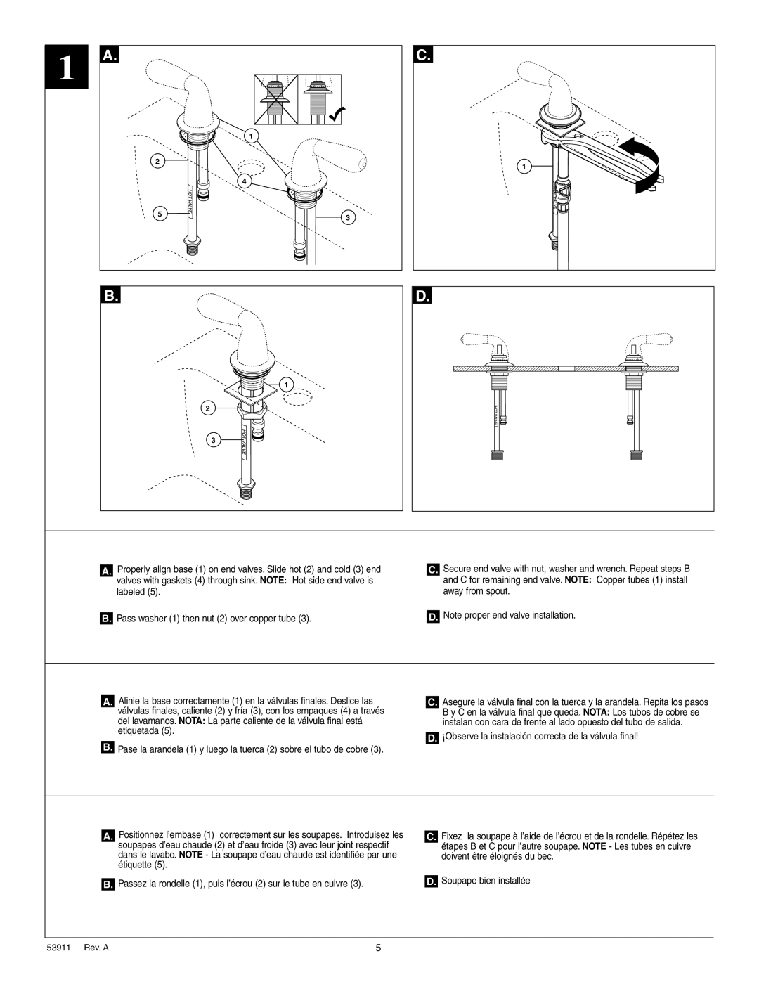 Delta 3584 Series manual Secure end valve with nut, washer and wrench. Repeat steps B 