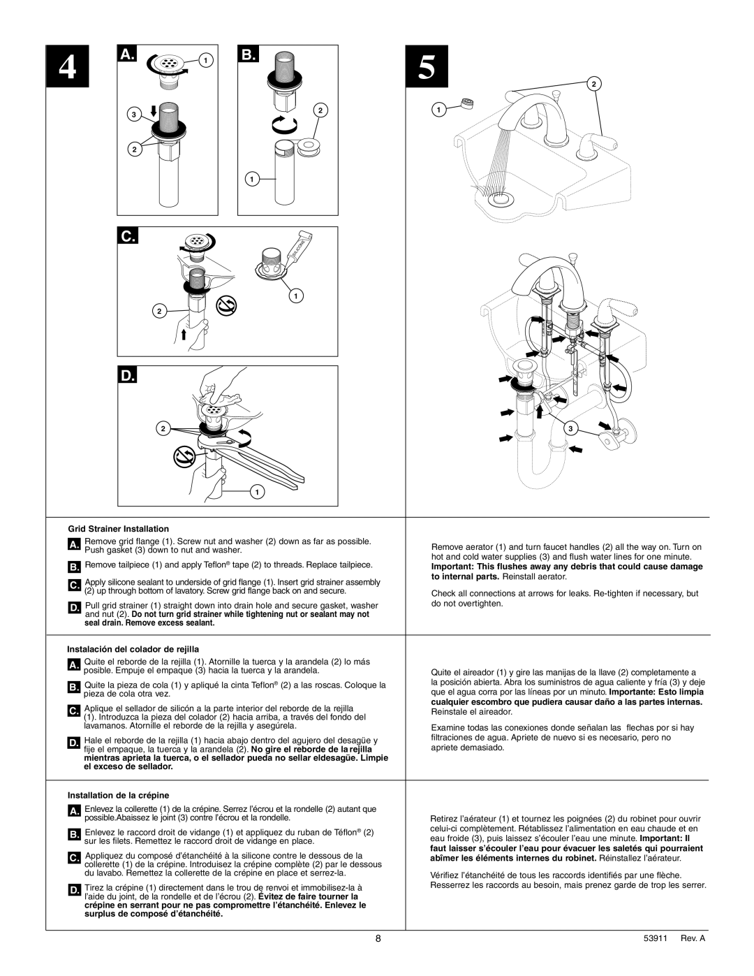 Delta 3584 Series manual Grid Strainer Installation, To internal parts. Reinstall aerator 