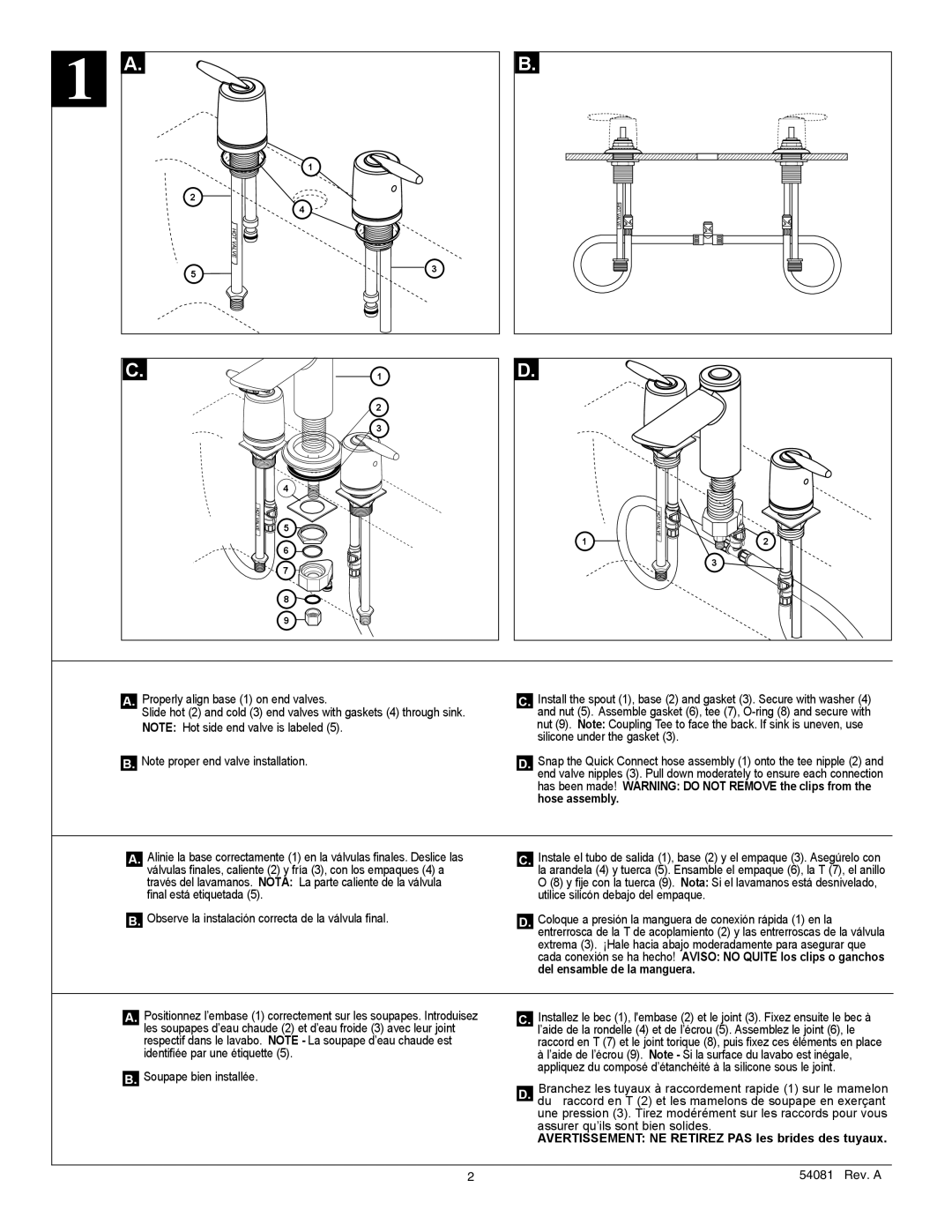 Delta 3585 Series manual Avertissement NE Retirez PAS les brides des tuyaux 