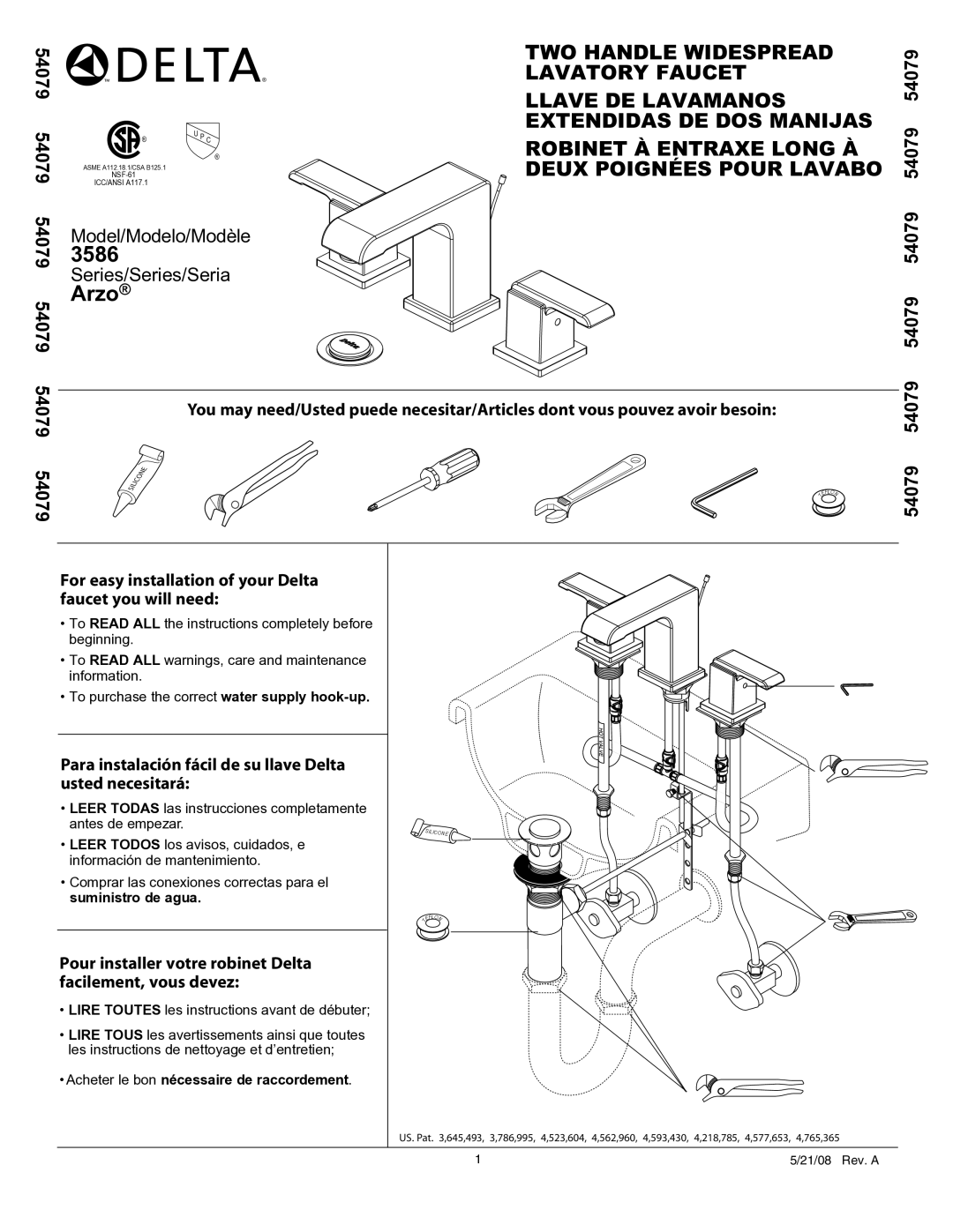 Delta 3586 Series manual Lire Toutes les instructions avant de débuter, 54079 