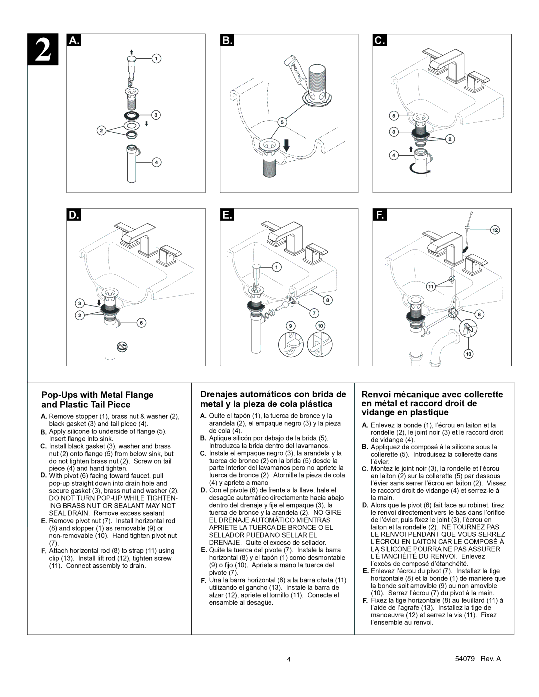 Delta 3586 Series manual Remove pivot nut 7. Install horizontal rod, Connect assembly to drain, Apriete a mano 