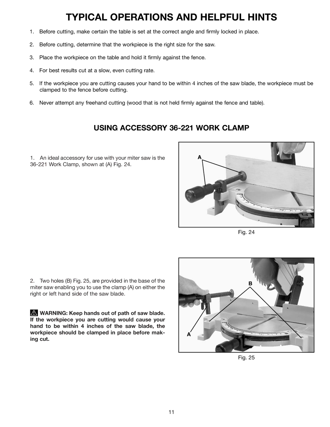 Delta 36-070 instruction manual Typical Operations and Helpful Hints, Using Accessory 36-221 Work Clamp 