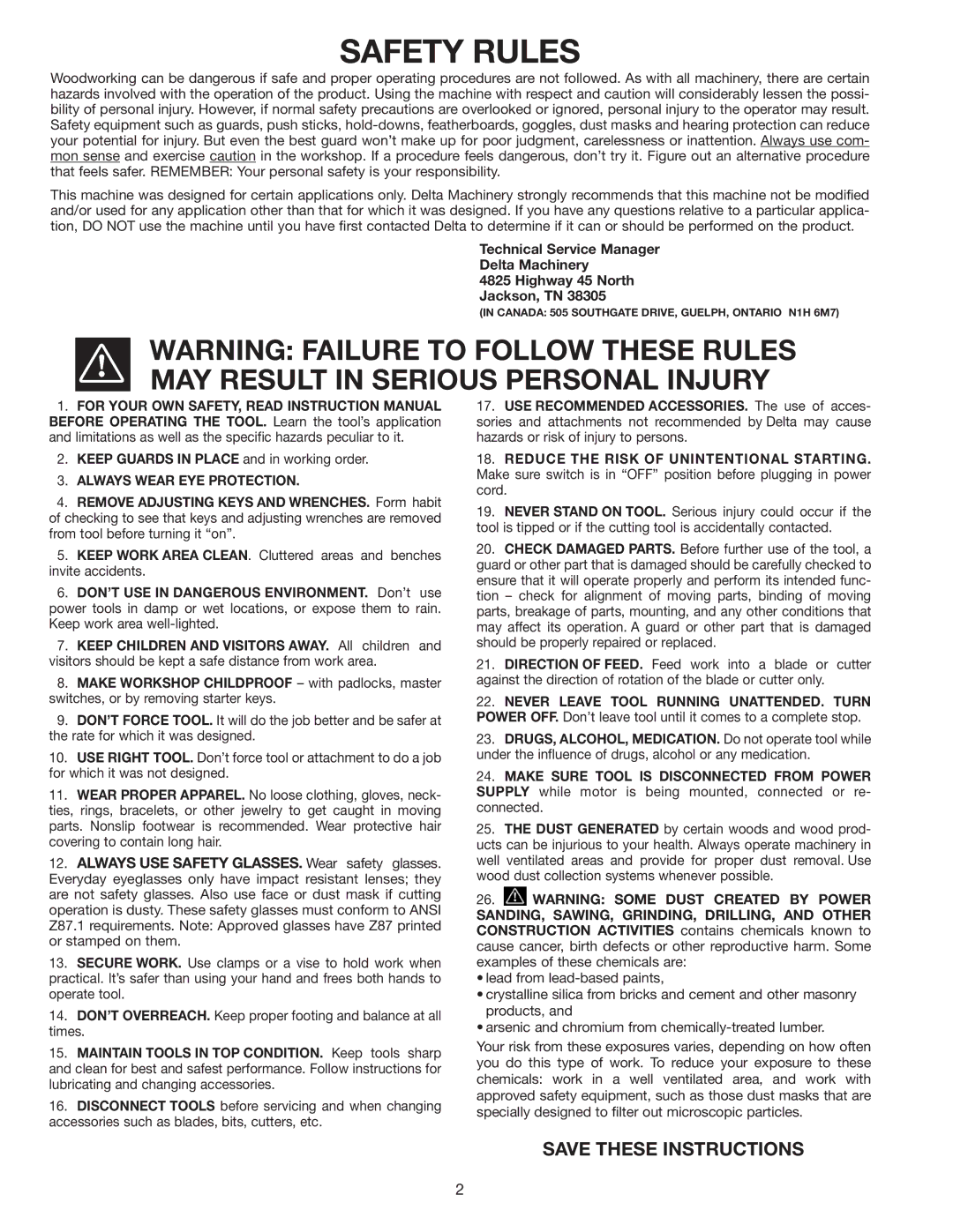 Delta 36-070 instruction manual Safety Rules 