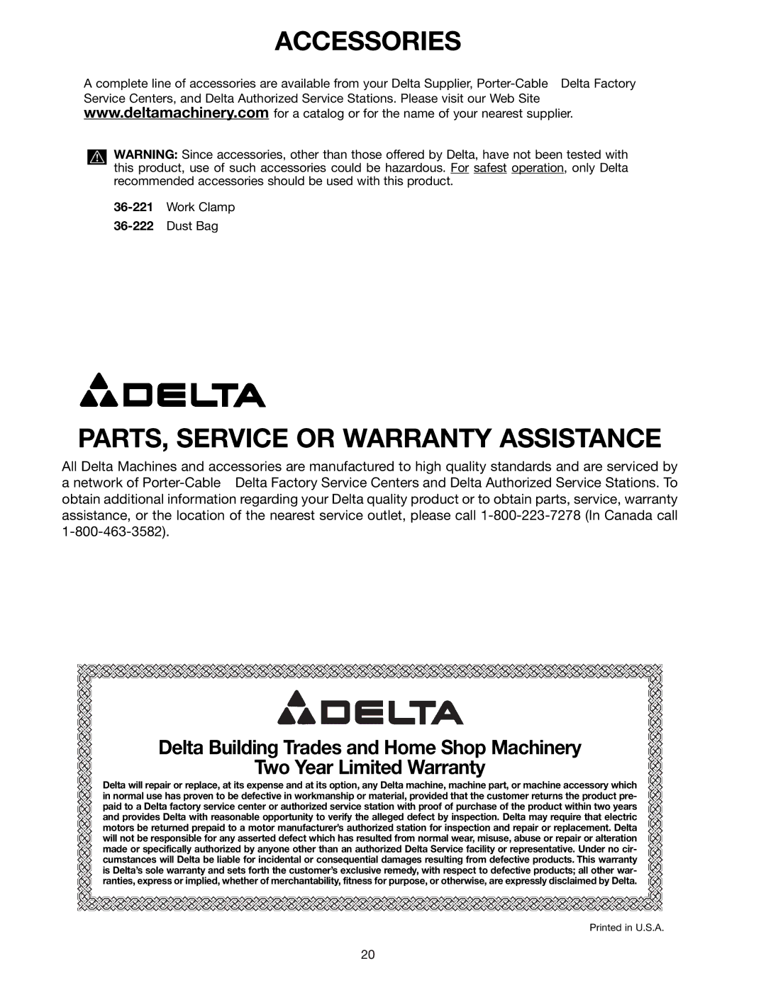 Delta 36-070 instruction manual Accessories 