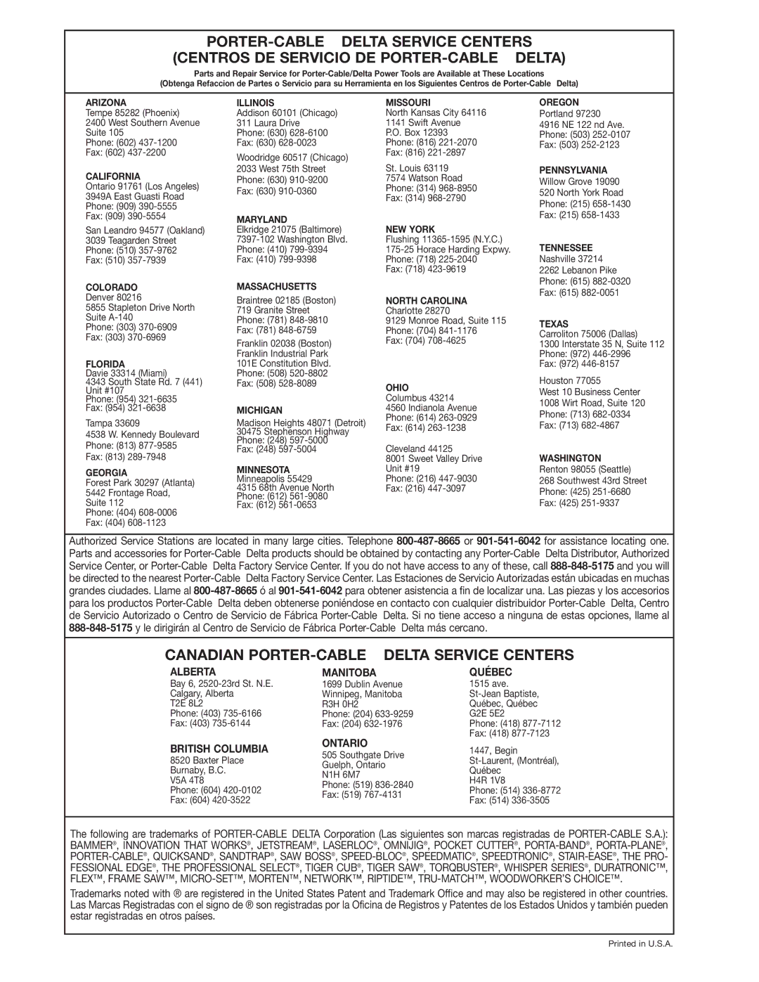 Delta 36-070 instruction manual Canadian PORTER-CABLE Delta Service Centers 