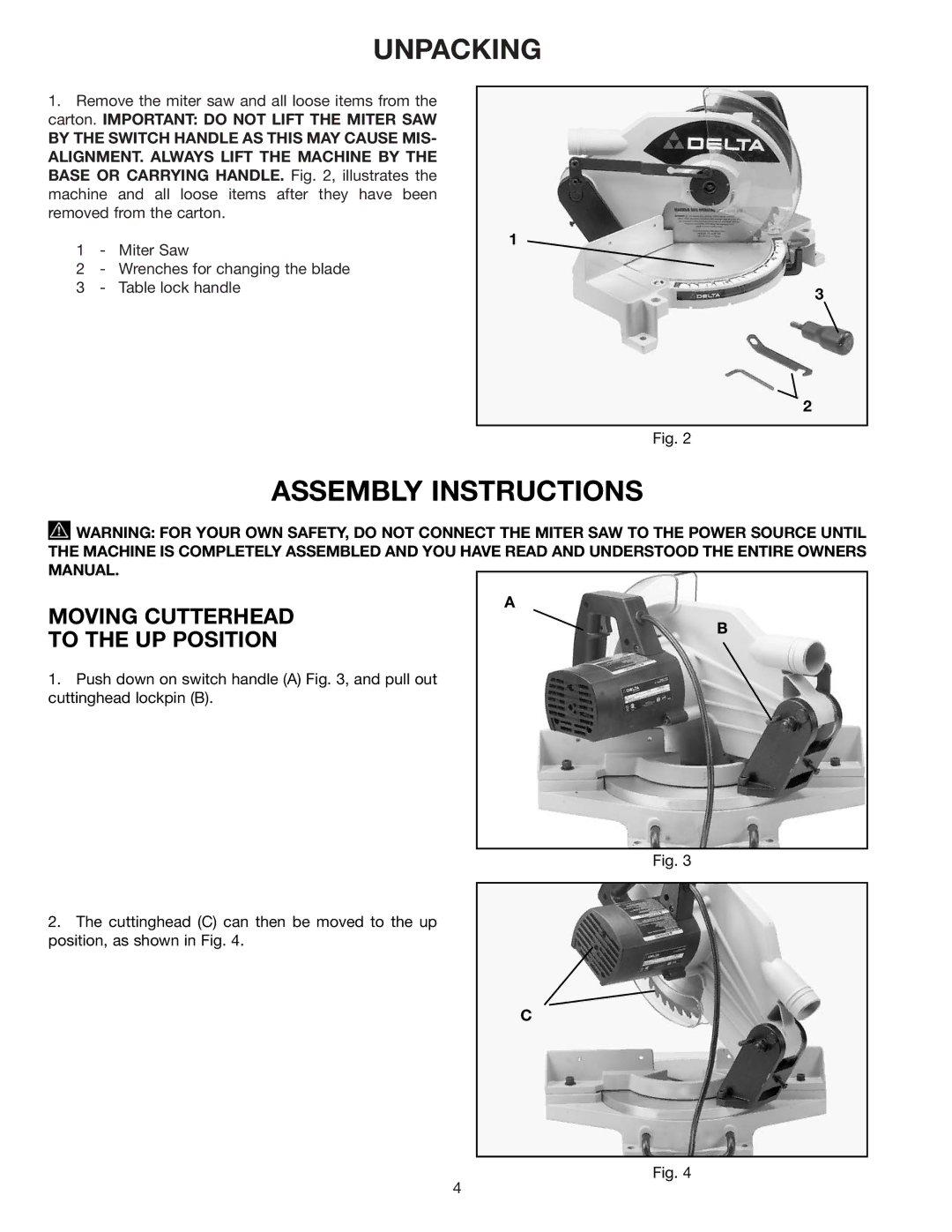 Delta 36-070 instruction manual Assembly Instructions, Moving Cutterhead To the UP Position 