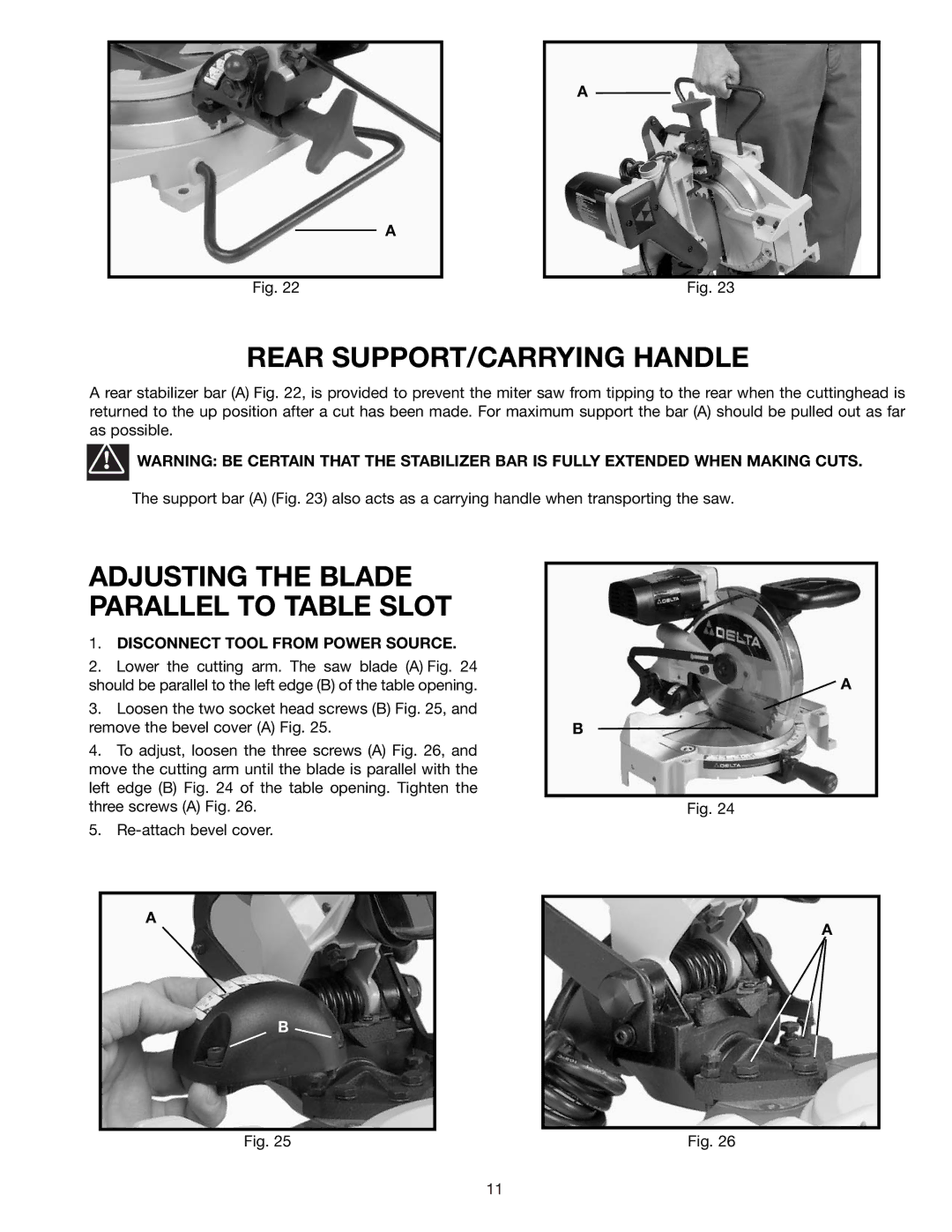 Delta 36-085 instruction manual Rear SUPPORT/CARRYING Handle, Adjusting the Blade Parallel to Table Slot 