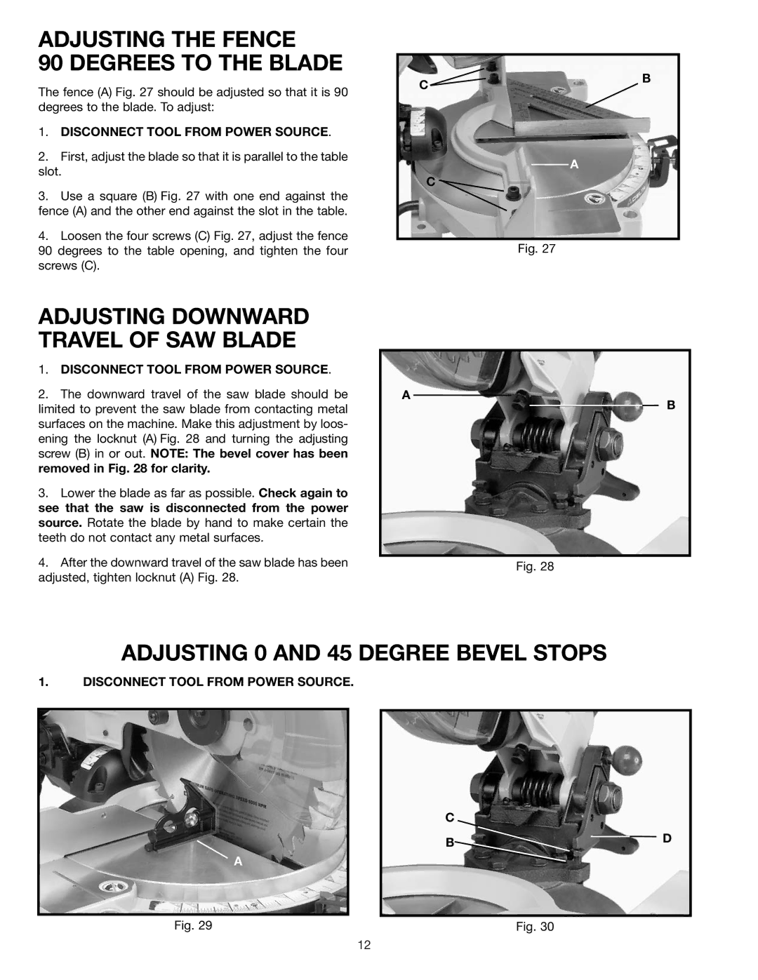 Delta 36-085 instruction manual Adjusting the Fence Degrees to the Blade, Adjusting Downward Travel of SAW Blade 