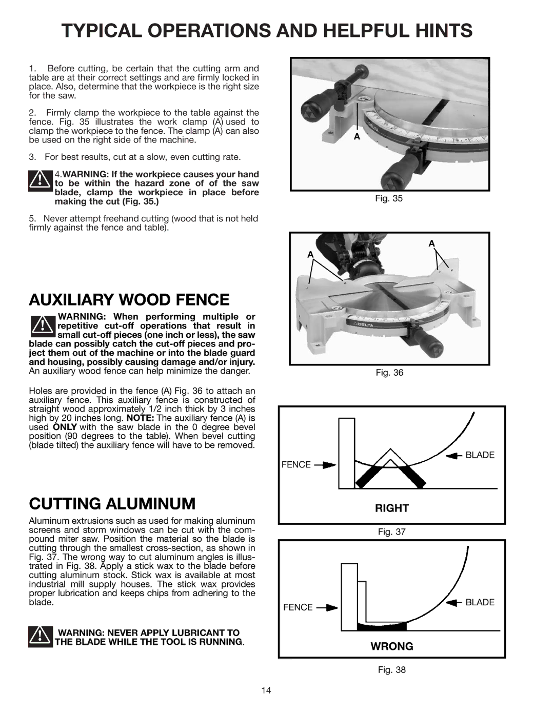 Delta 36-085 instruction manual Typical Operations and Helpful Hints, Auxiliary Wood Fence, Cutting Aluminum 