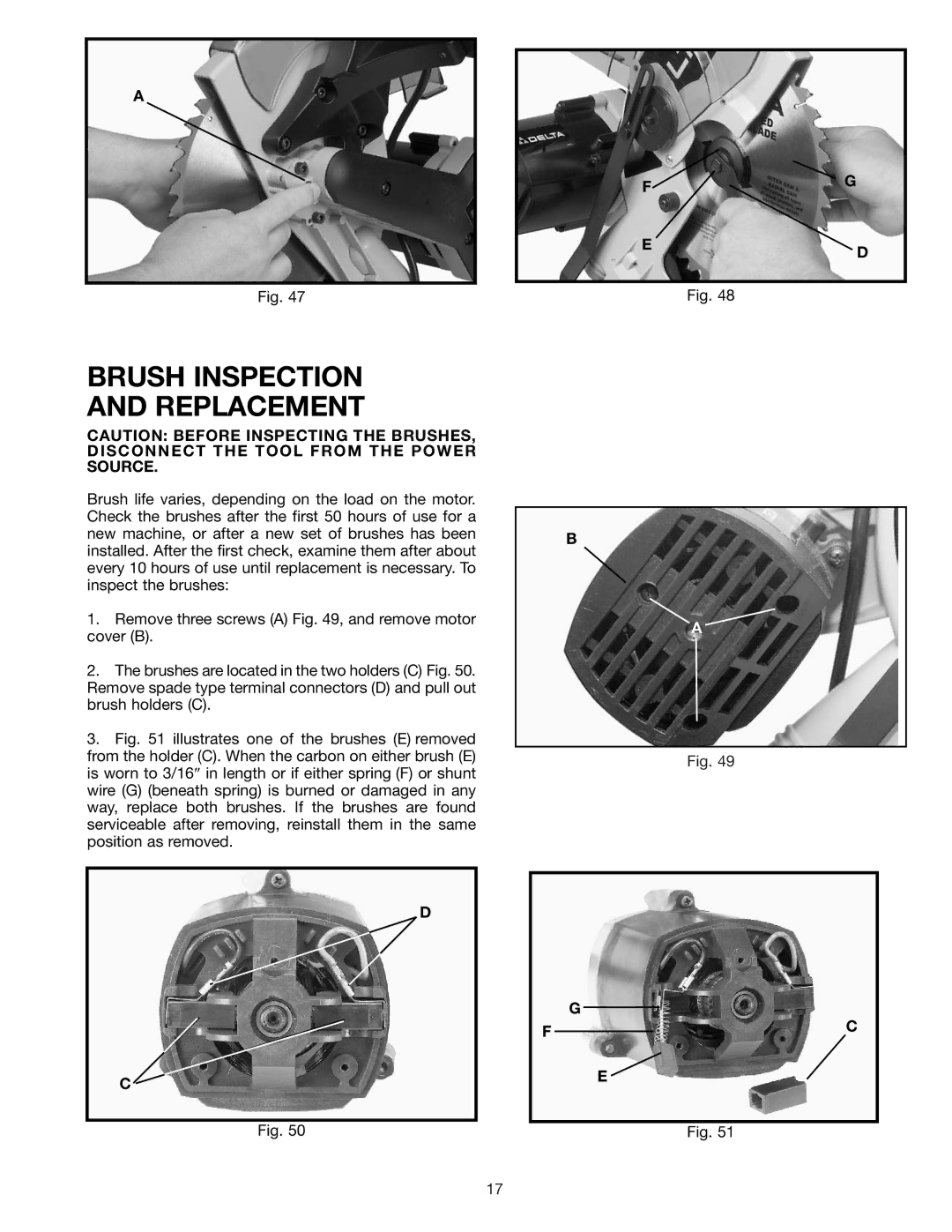 Delta 36-085 instruction manual Brush Inspection Replacement 