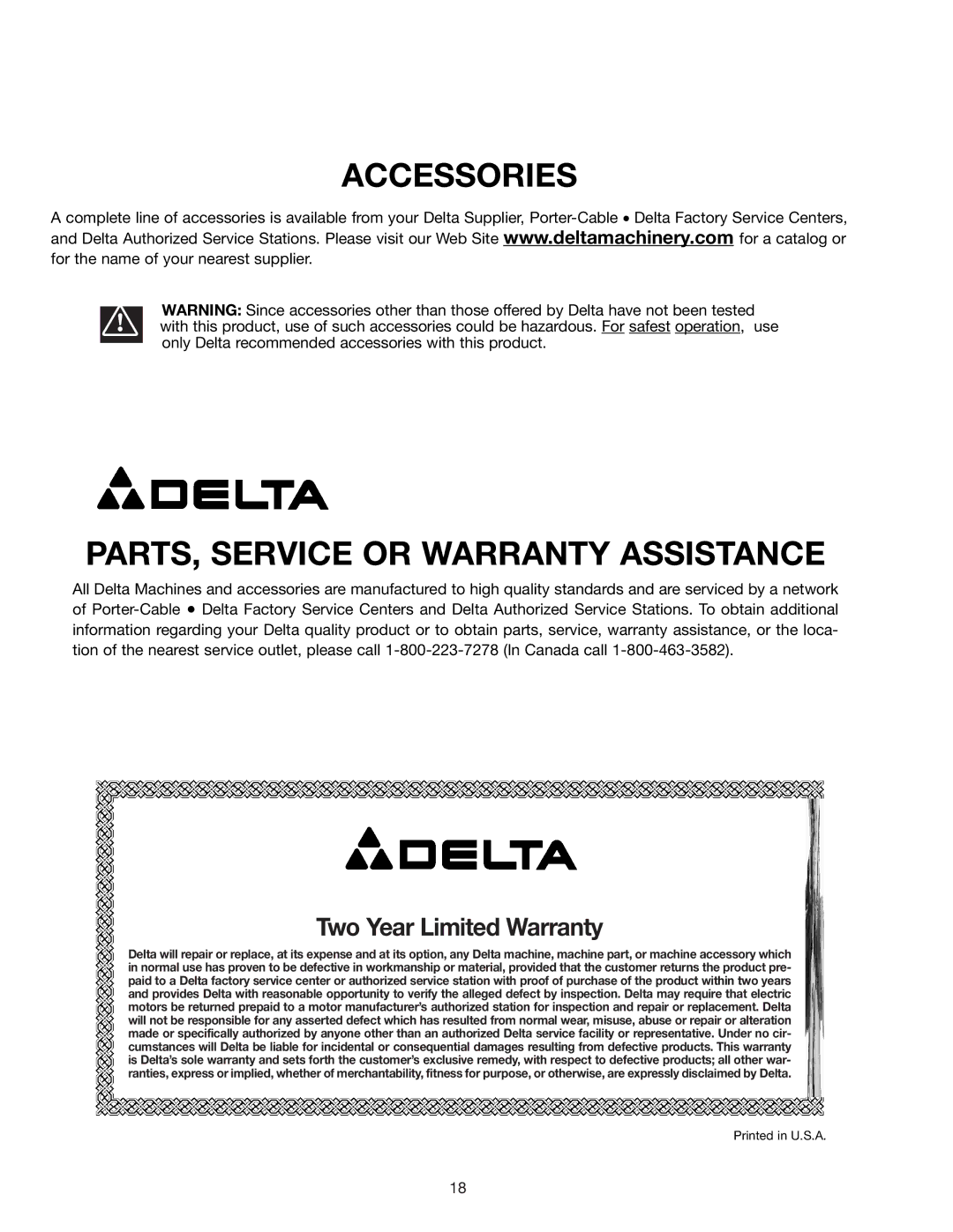 Delta 36-085 instruction manual Accessories PARTS, Service or Warranty Assistance, Two Year Limited Warranty 