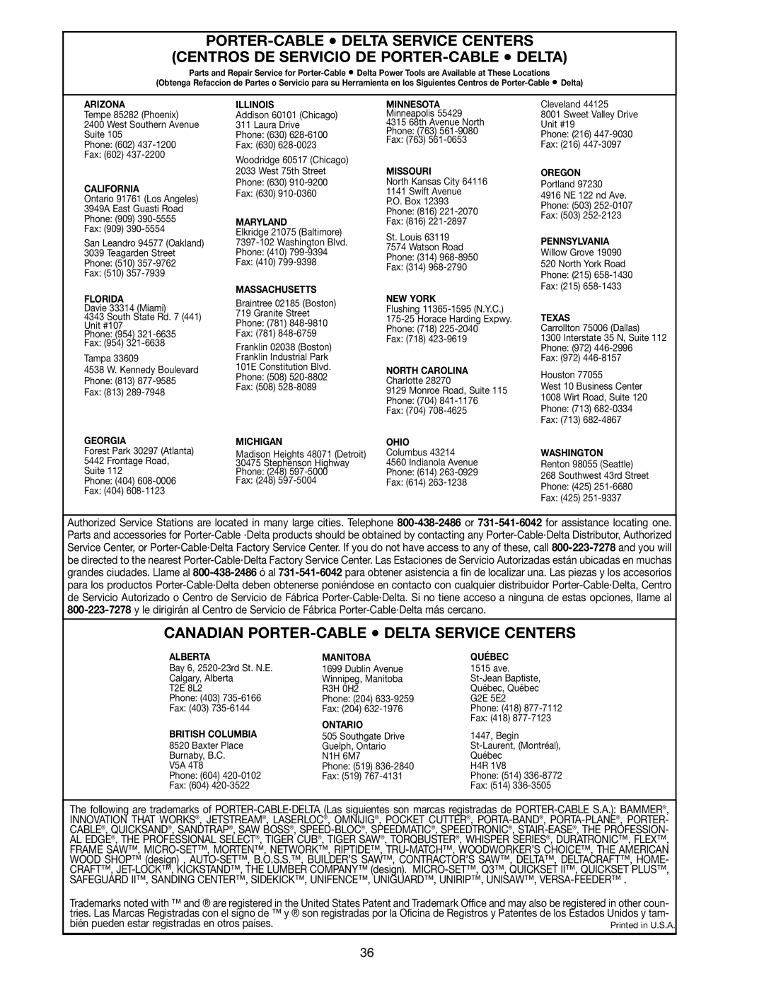 Delta 36-085 instruction manual Canadian PORTER-CABLE Delta Service Centers 