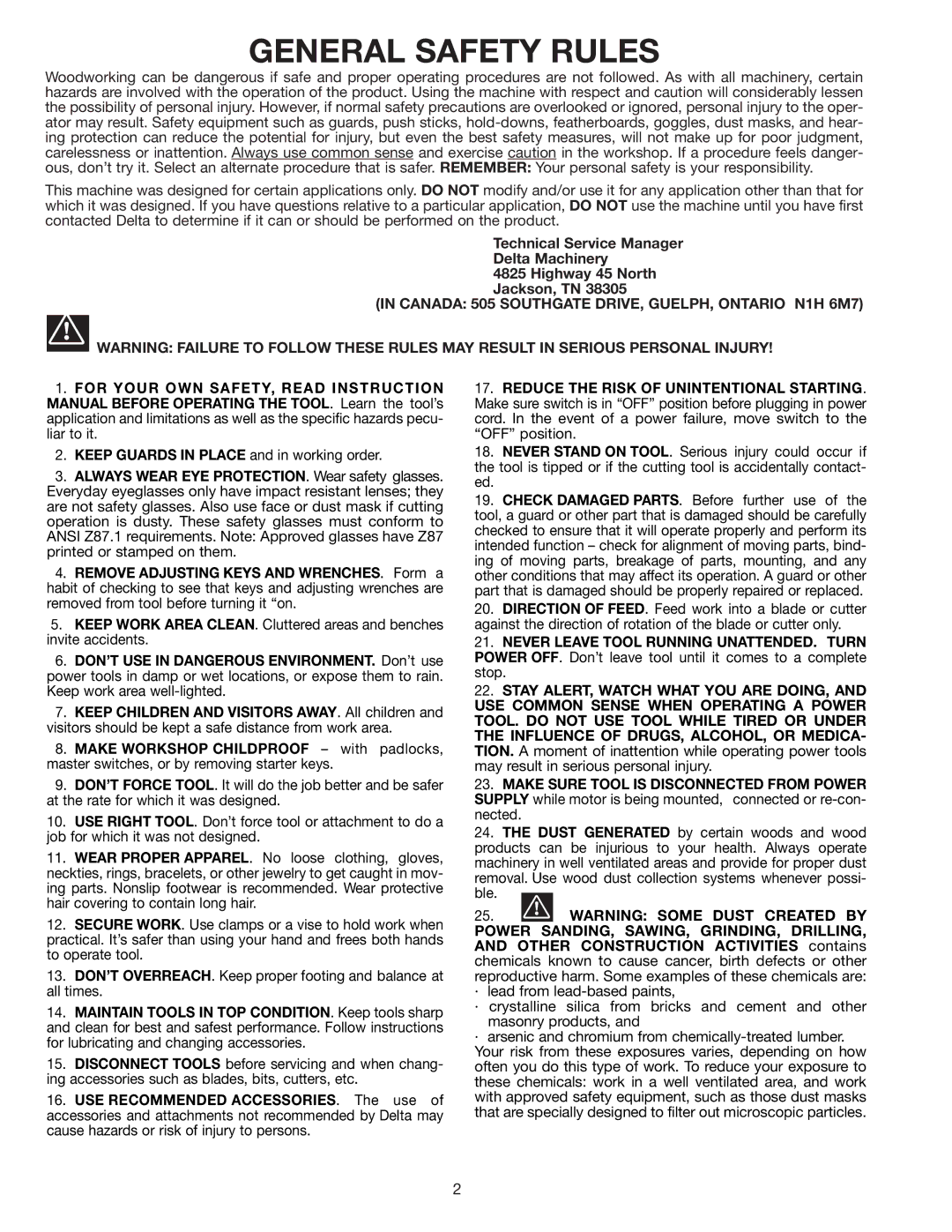 Delta 36-085 instruction manual General Safety Rules, Canada 505 Southgate DRIVE, GUELPH, Ontario N1H 6M7 