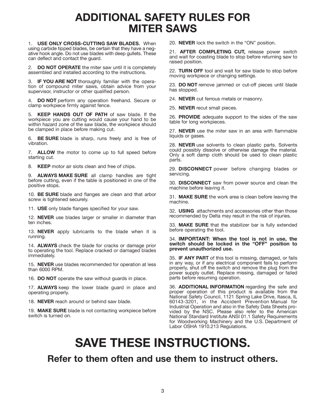 Delta 36-085 instruction manual Additional Safety Rules for Miter Saws 