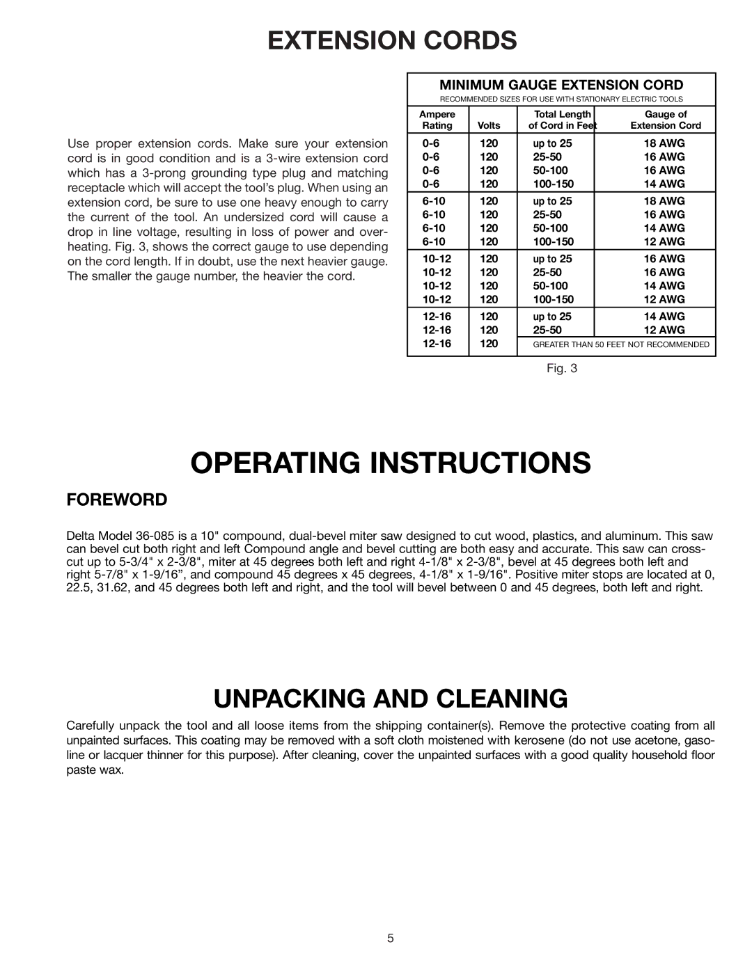 Delta 36-085 instruction manual Extension Cords, Unpacking and Cleaning 