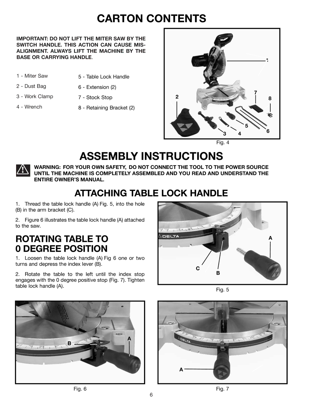 Delta 36-085 instruction manual Carton Contents, Assembly Instructions 