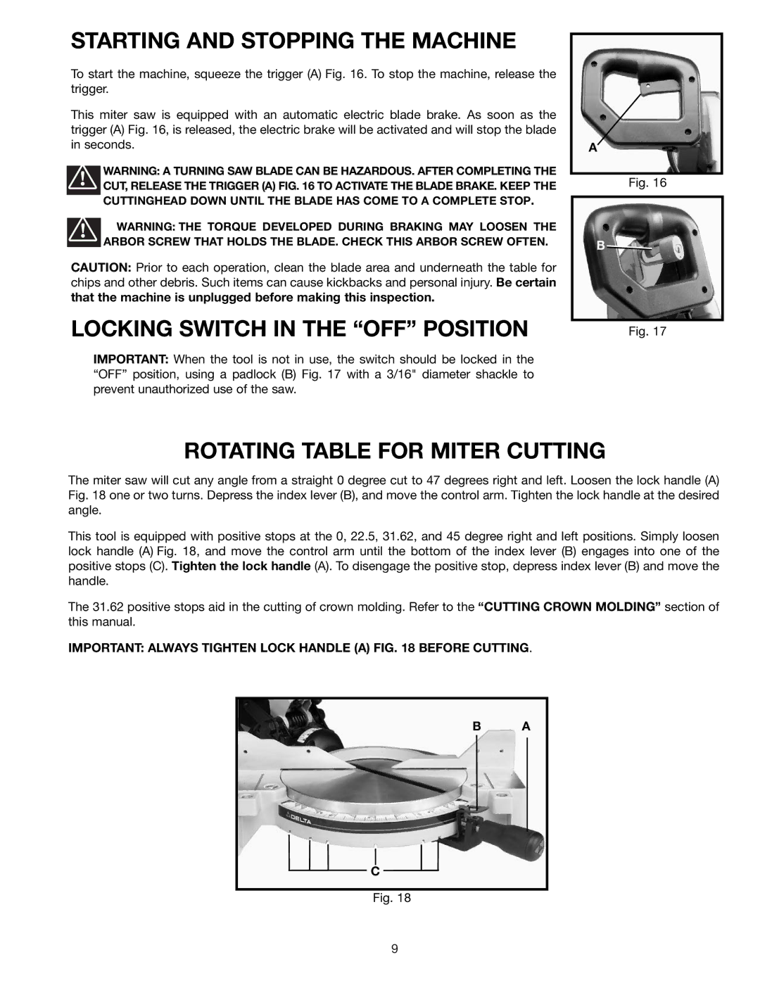 Delta 36-085 Starting and Stopping the Machine, Locking Switch in the OFF Position, Rotating Table for Miter Cutting 