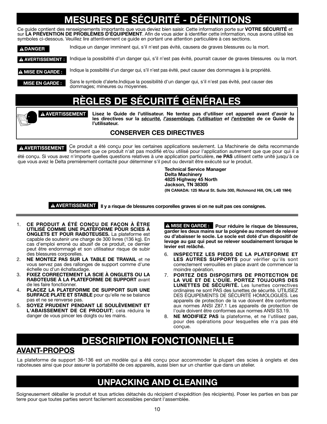 Delta 36-136 Mesures DE Sécurité Définitions, Règles DE Sécurité Générales, Description Fonctionnelle, Avant-Propos 