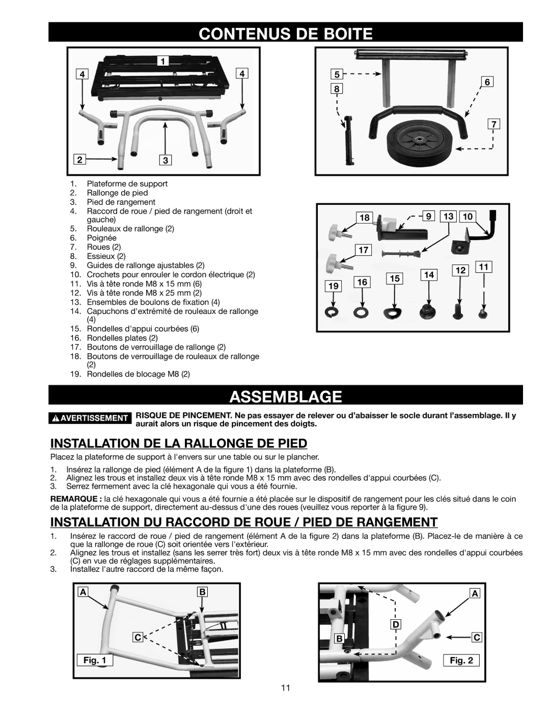 Delta 36-136 instruction manual Contenus DE Boite, Assemblage, Installation DE LA Rallonge DE Pied 