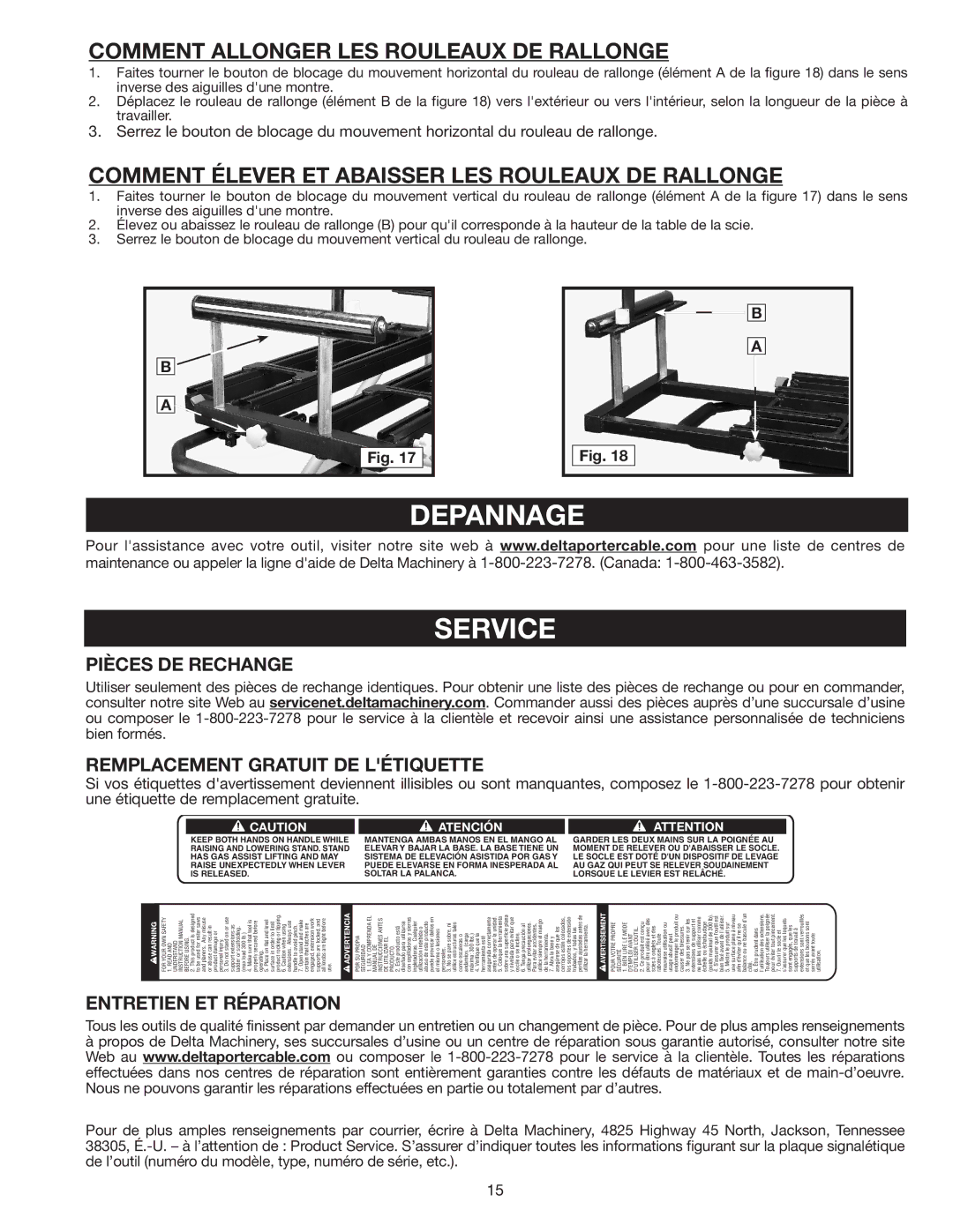 Delta 36-136 instruction manual Depannage Service, Comment Allonger LES Rouleaux DE Rallonge 