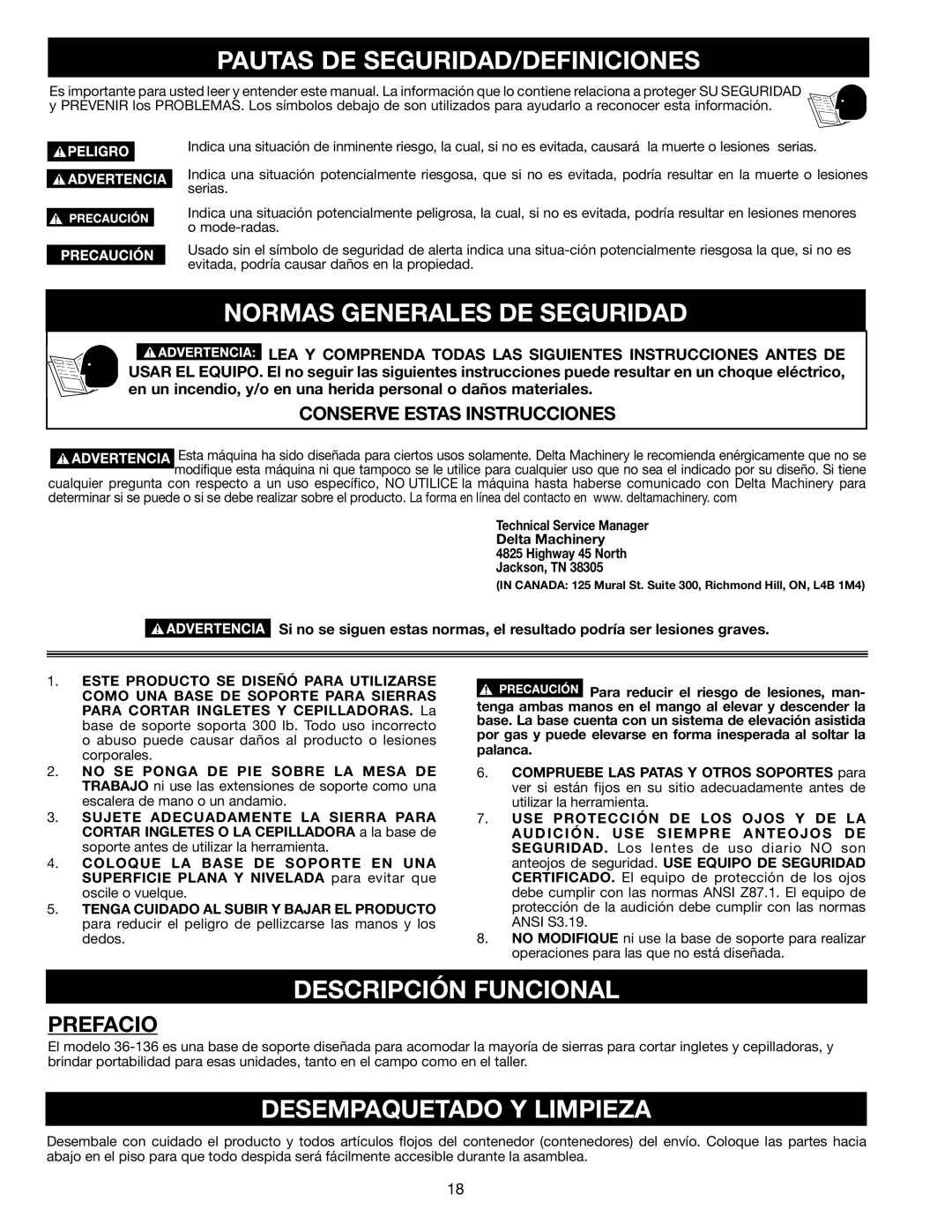 Delta 36-136 Pautas DE SEGURIDAD/DEFINICIONES, Normas Generales DE Seguridad, Descripción Funcional, Prefacio 