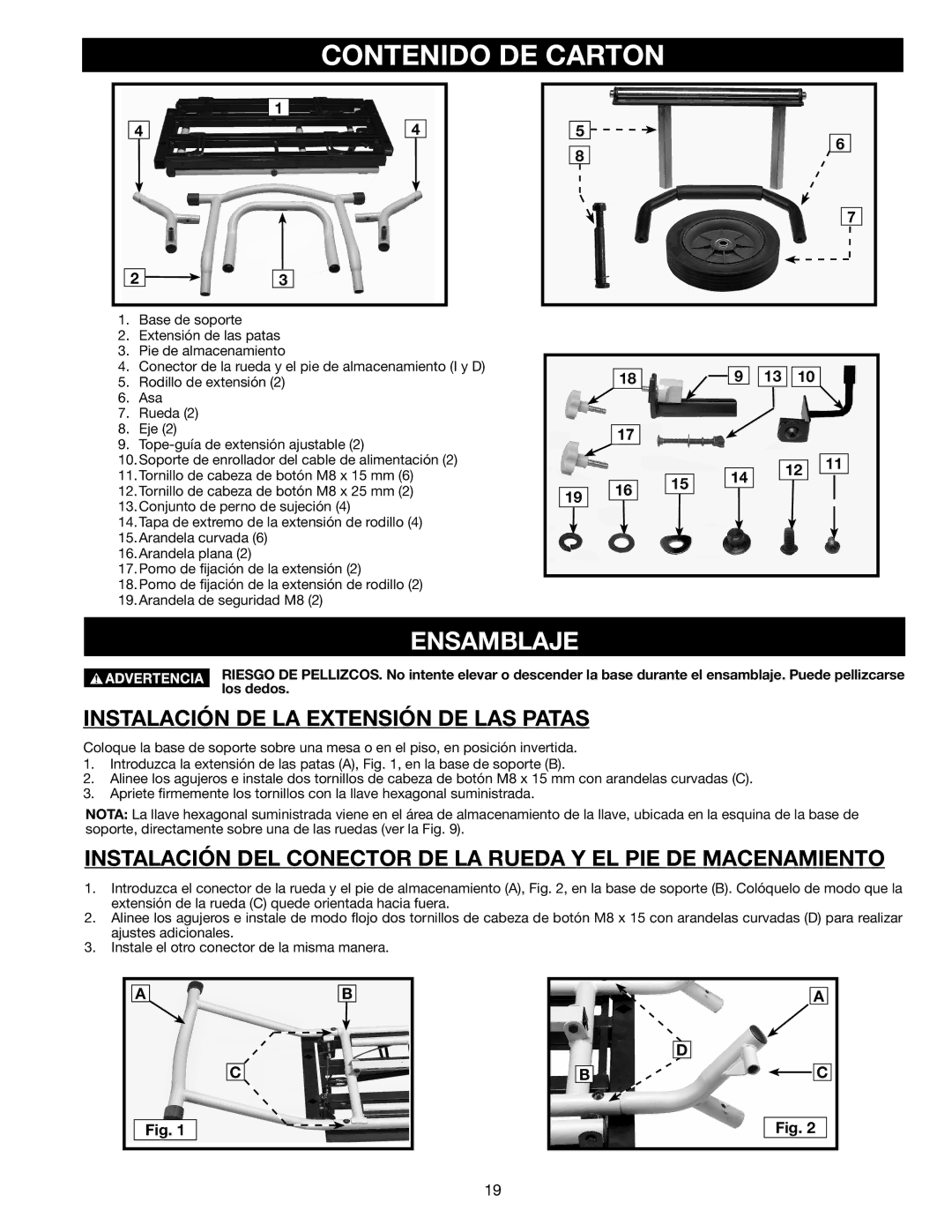 Delta 36-136 instruction manual Contenido DE Carton, Ensamblaje, Instalación DE LA Extensión DE LAS Patas 