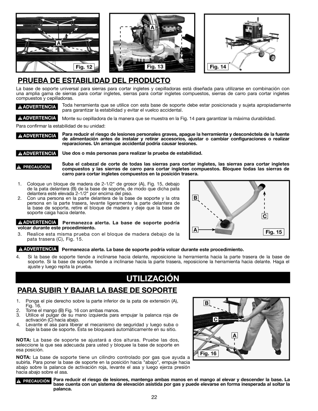 Delta 36-136 instruction manual Utilización, Prueba DE Estabilidad DEL Producto, Para Subir Y Bajar LA Base DE Soporte 