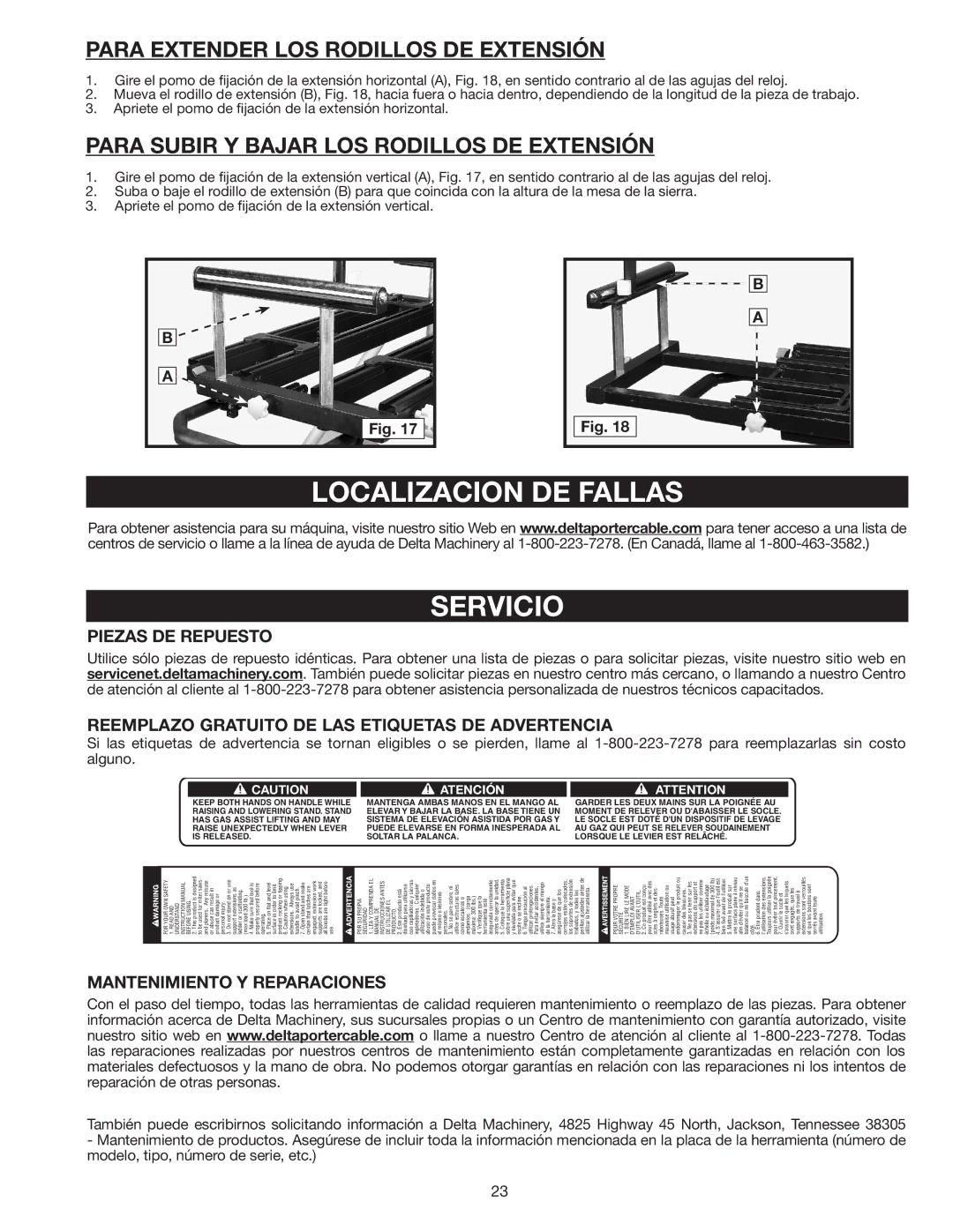 Delta 36-136 instruction manual Localizacion DE Fallas Servicio, Para Extender LOS Rodillos DE Extensión 