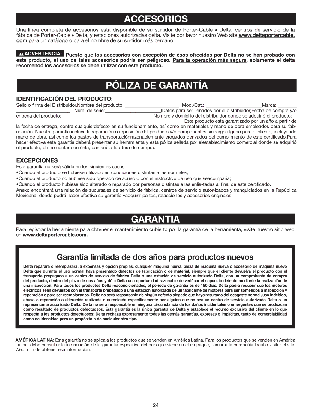 Delta 36-136 instruction manual Accesorios, Garantia 