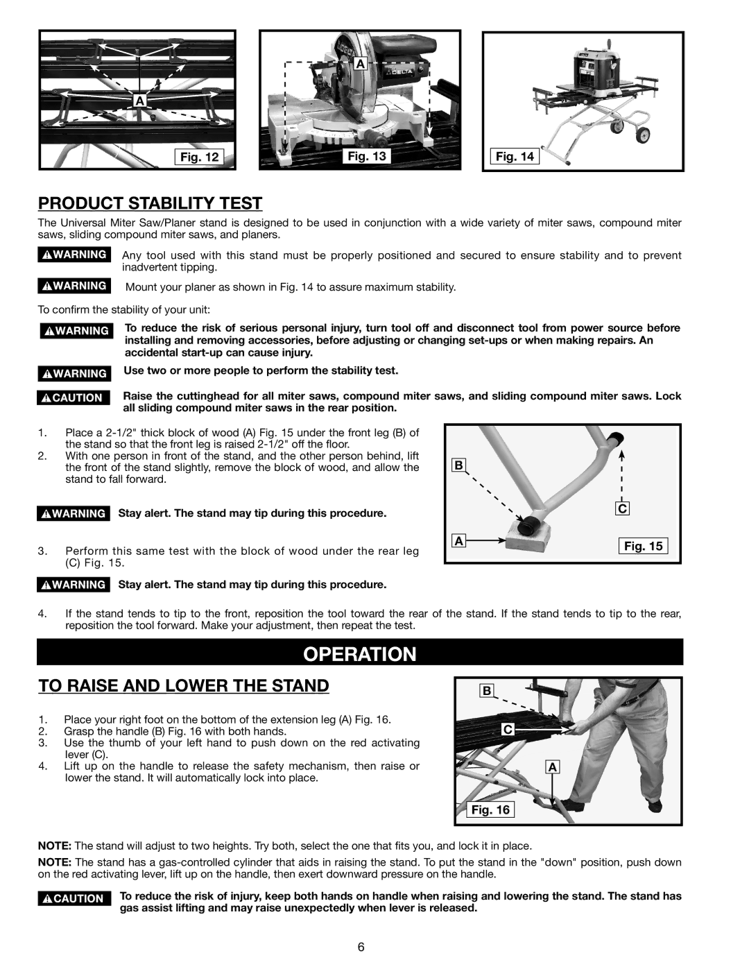 Delta 36-136 instruction manual Operation, Product Stability Test, To Raise and Lower the Stand 