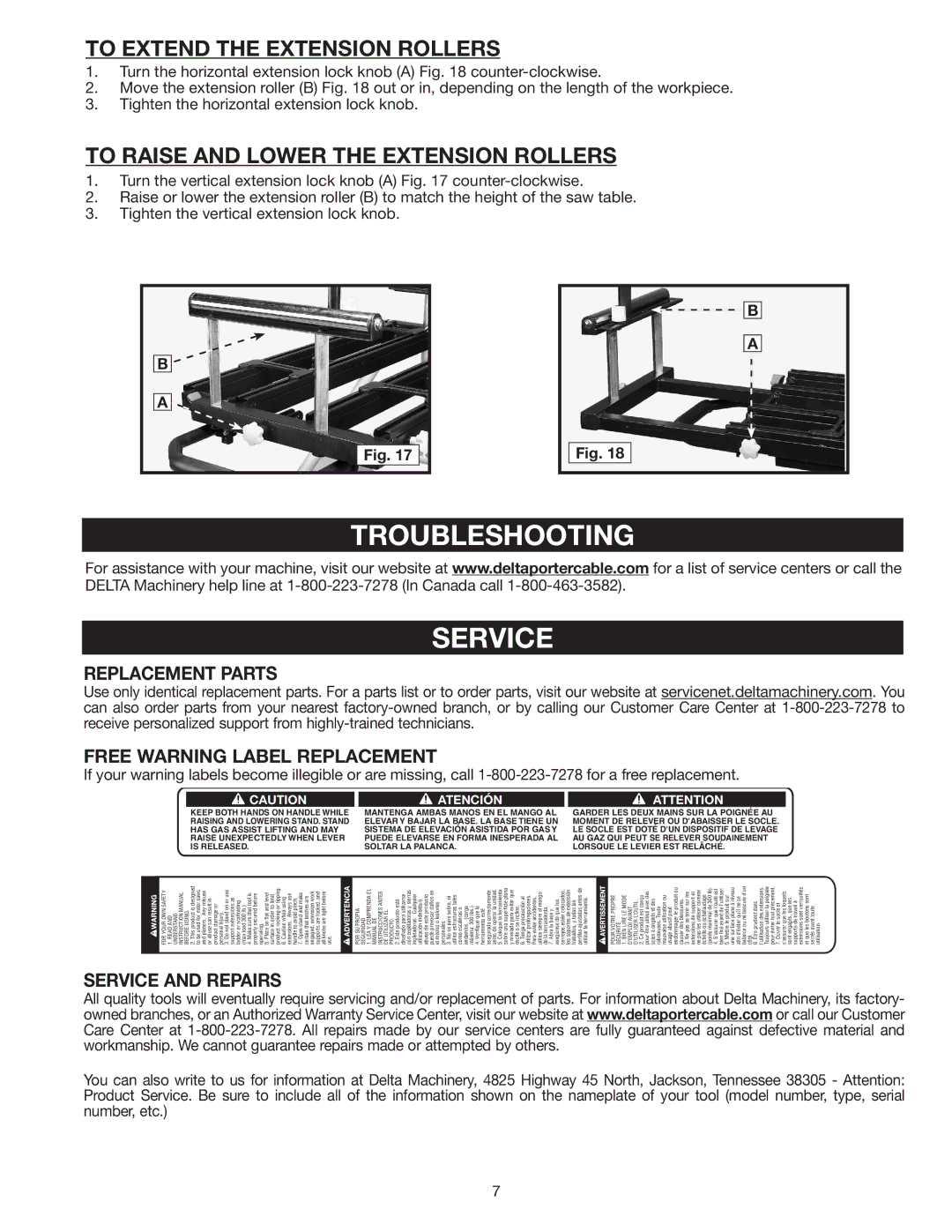 Delta 36-136 Troubleshooting Service, To Extend the Extension Rollers, To Raise and Lower the Extension Rollers 