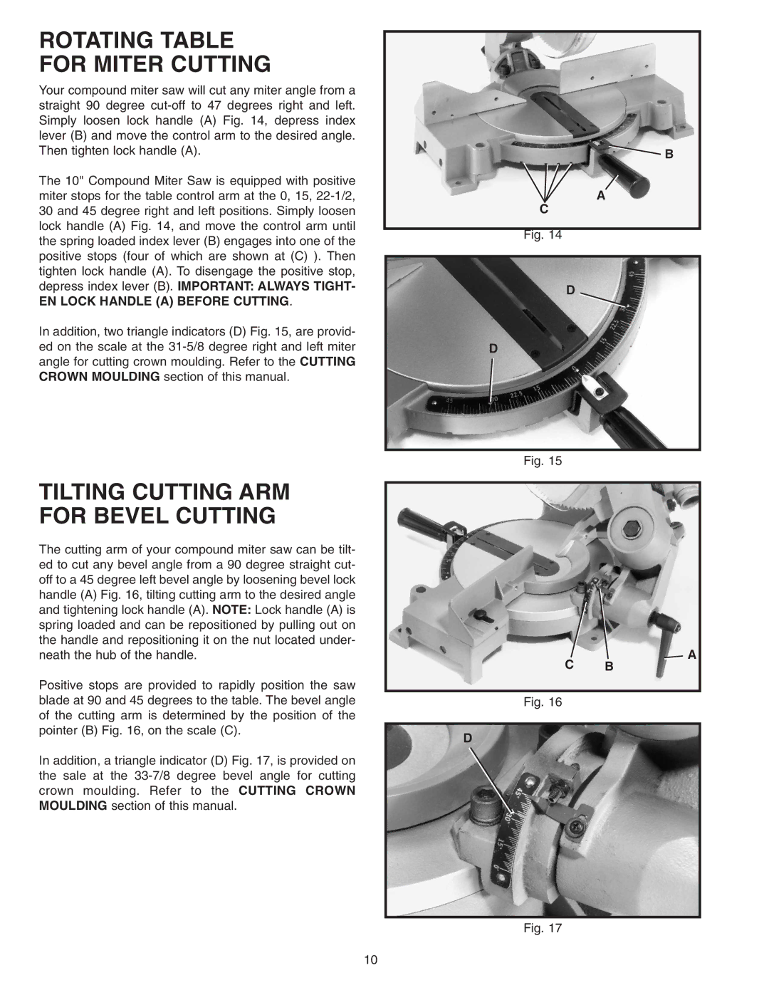 Delta 36-220 instruction manual Rotating Table For Miter Cutting, Tilting Cutting ARM for Bevel Cutting 