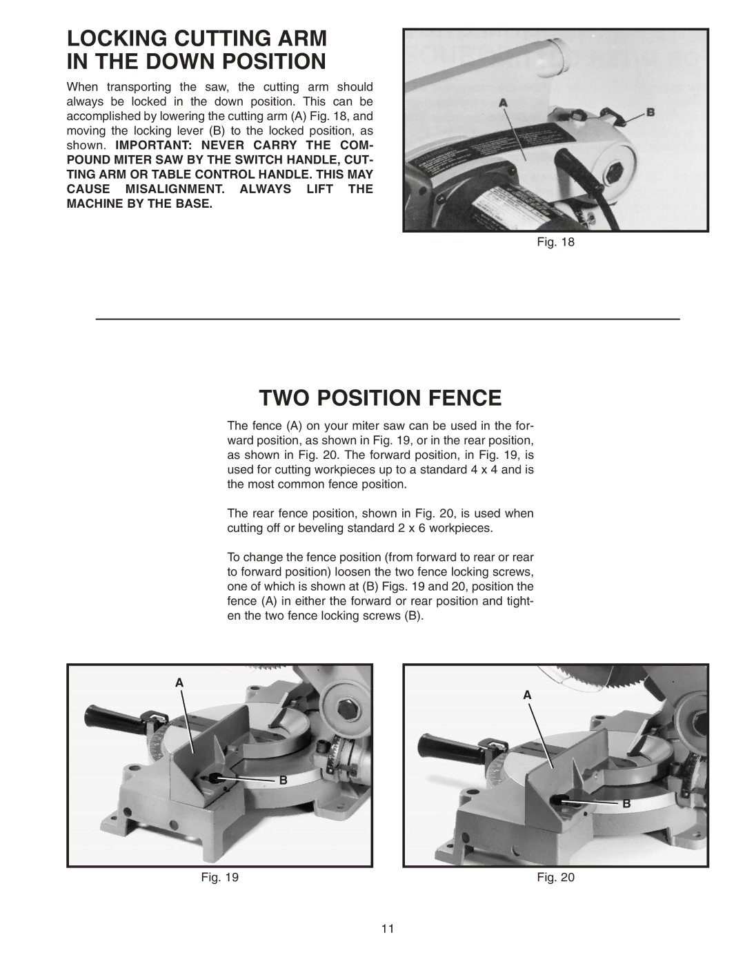 Delta 36-220 instruction manual Locking Cutting ARM Down Position, TWO Position Fence 