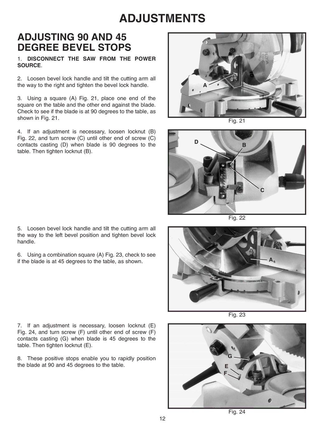 Delta 36-220 instruction manual Adjustments, Adjusting 90 and 45 Degree Bevel Stops 