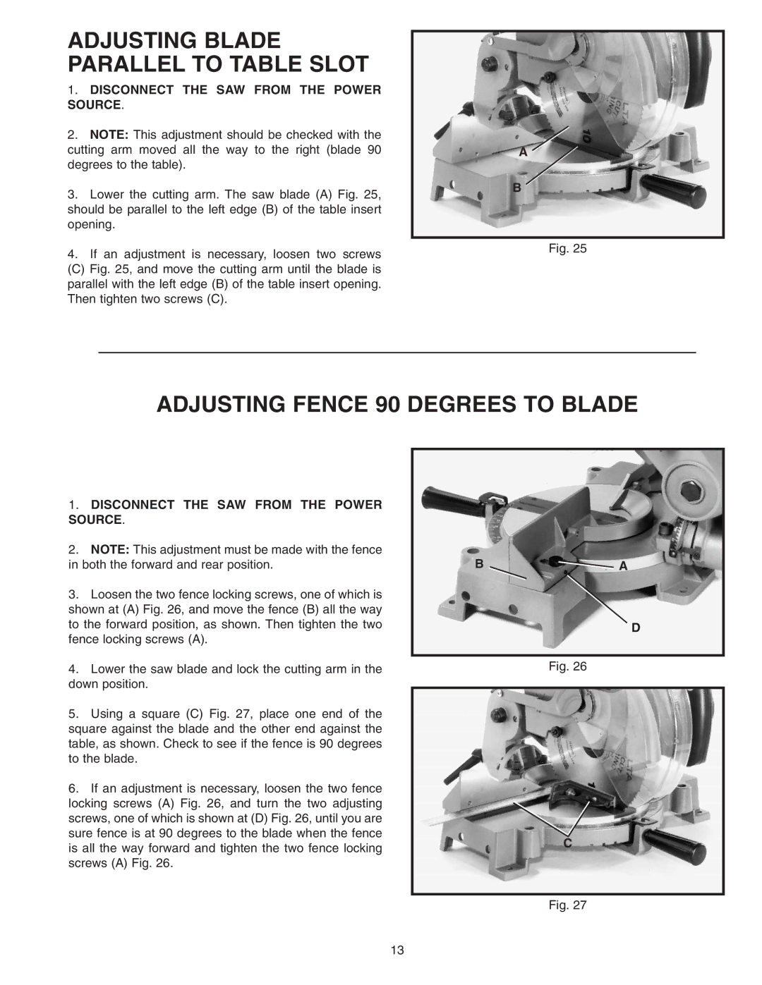 Delta 36-220 instruction manual Adjusting Blade Parallel to Table Slot, Adjusting Fence 90 Degrees to Blade 